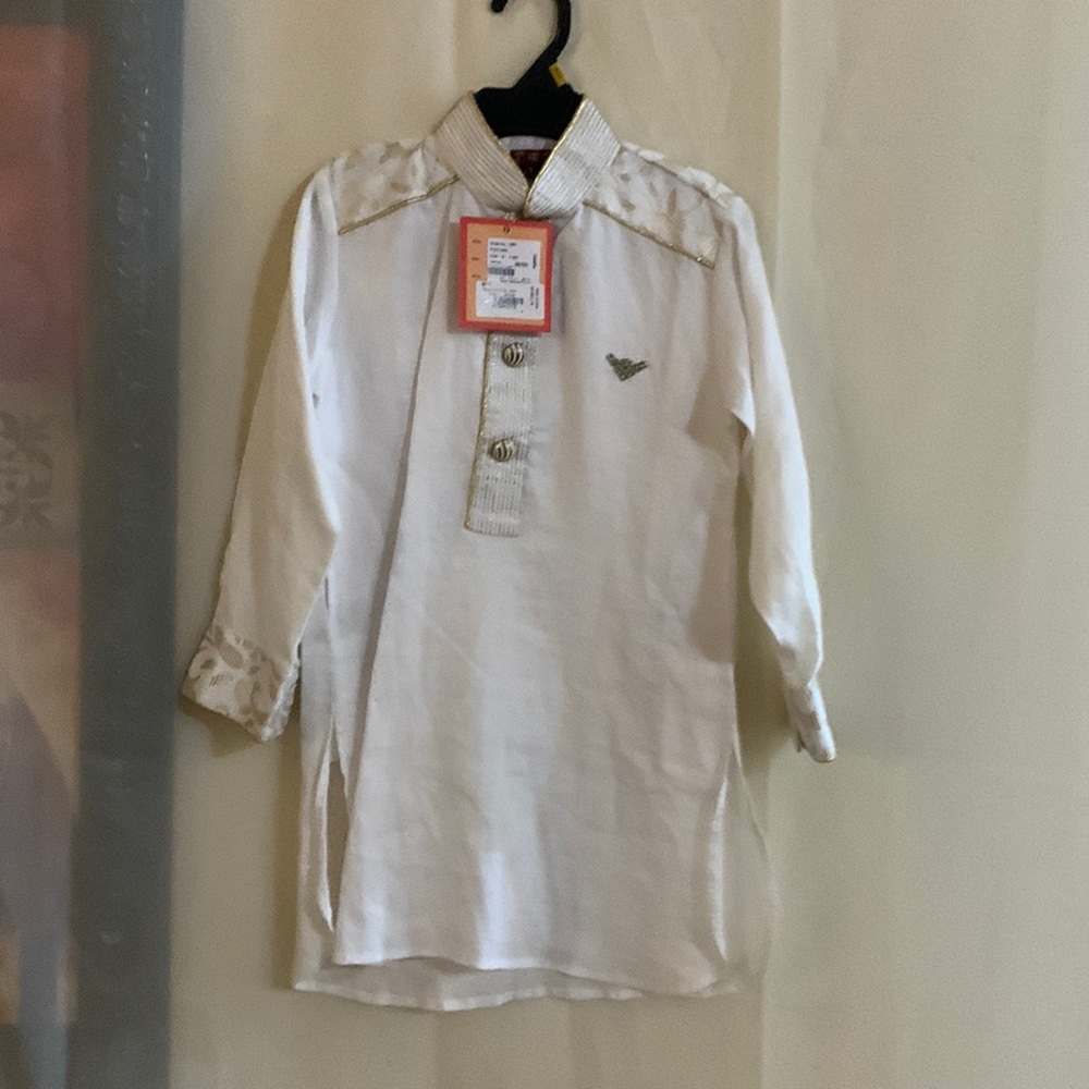 Satellite Indian Traditional Boys Pathani Shirt  Cream with Gold embroidery